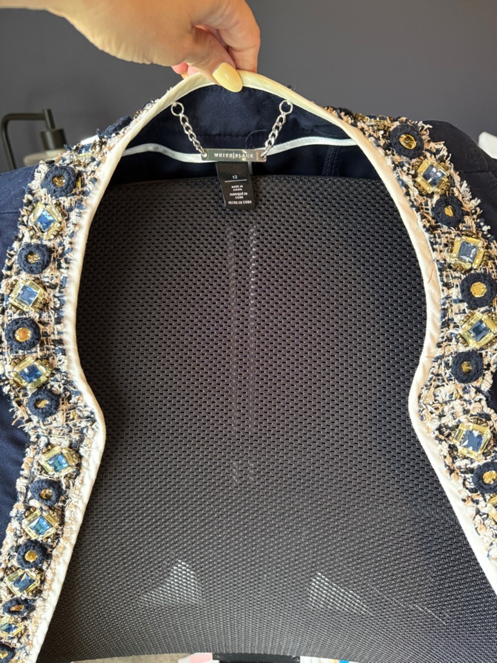 White House Blackfits like an W8/10 Worthington Navy Jacket with Cream Jeweled